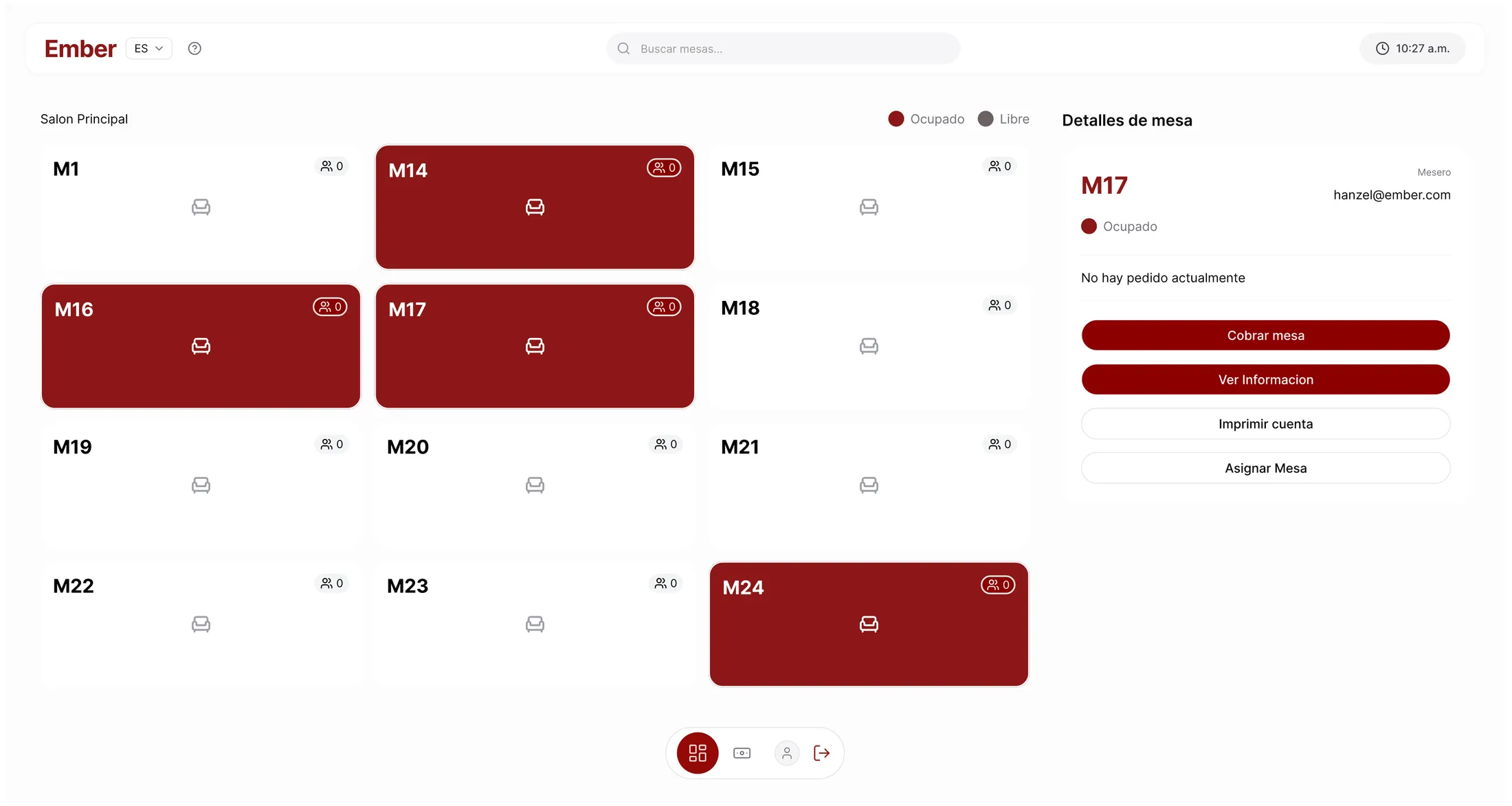 The Ember dashboard showing the waiter’s real-time table view